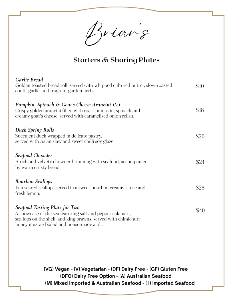 Menu, Briars Restaurant