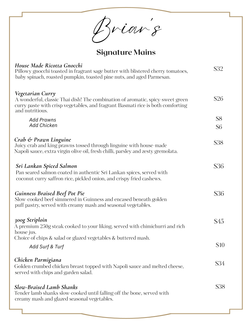 Menu, Briars Restaurant