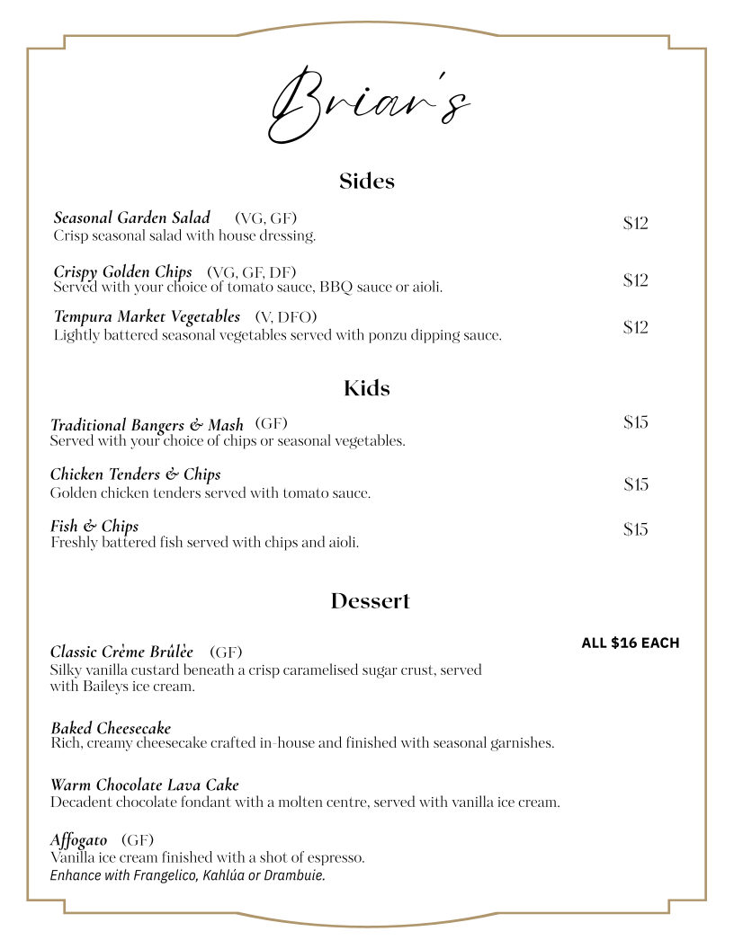 Menu, Briars Restaurant
