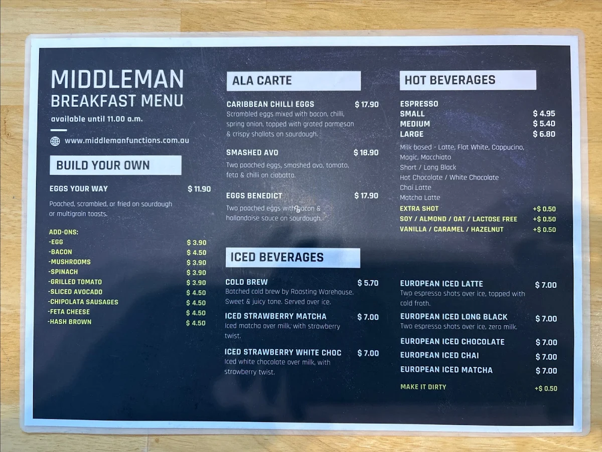 Menu, Middleman Caffeine Dealers