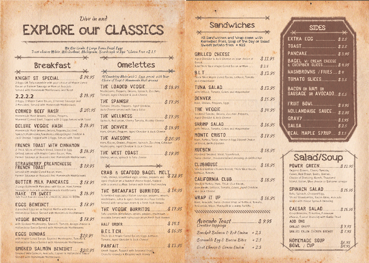 Menu, Knight Street Cafe