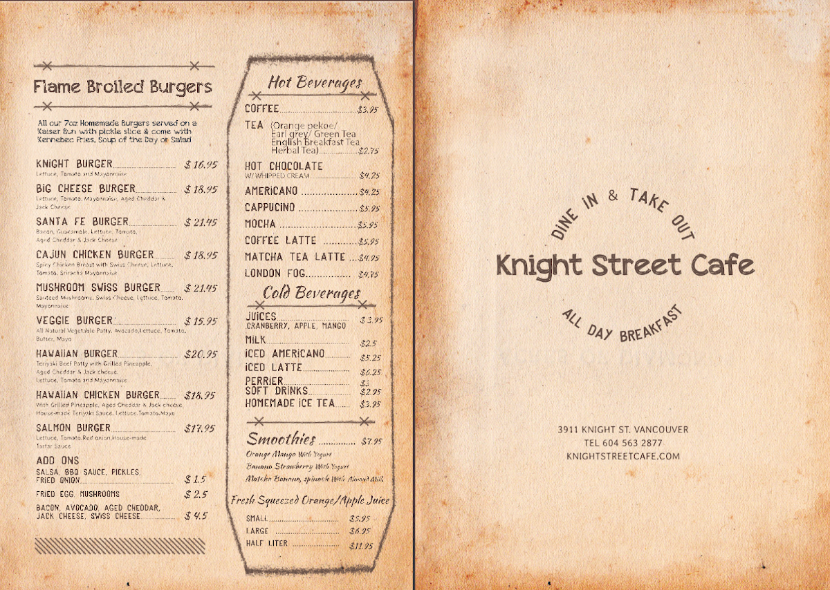 Menu, Knight Street Cafe