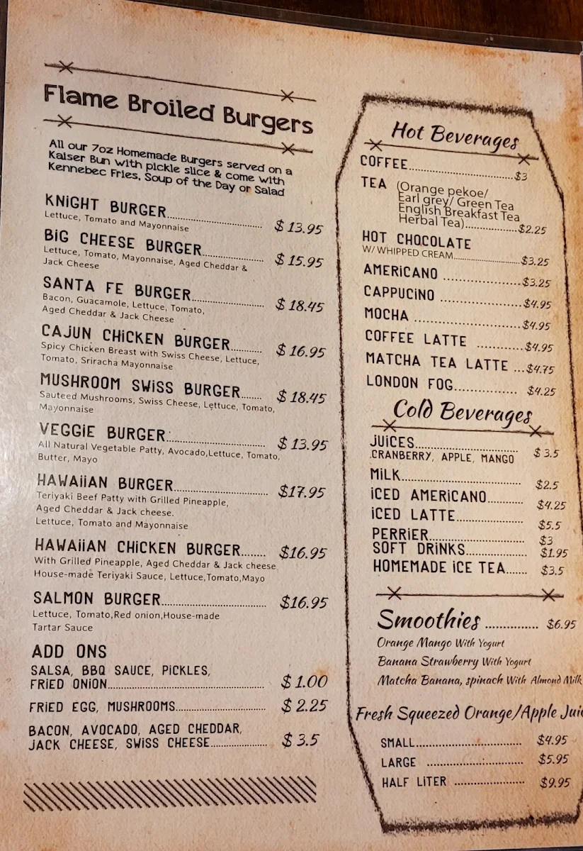 Menu, Knight Street Cafe