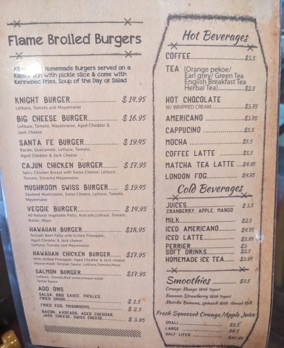 Menu, Knight Street Cafe