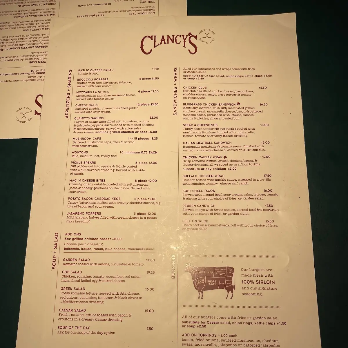 Menu, Clancy's Restaurant and Bar