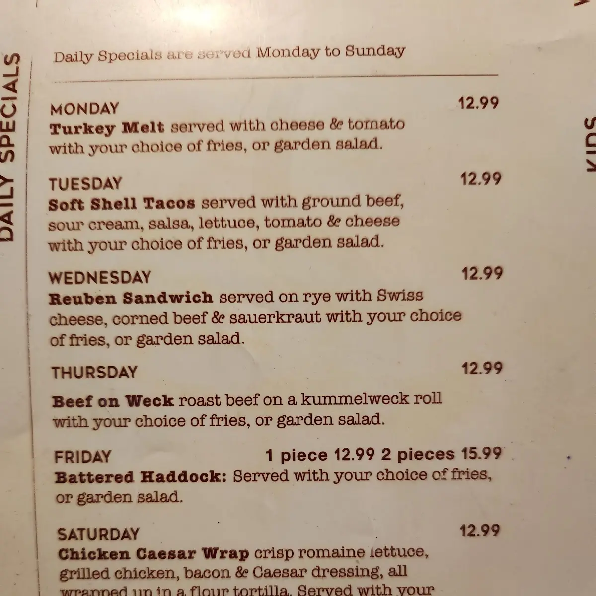 Menu, Clancy's Restaurant and Bar