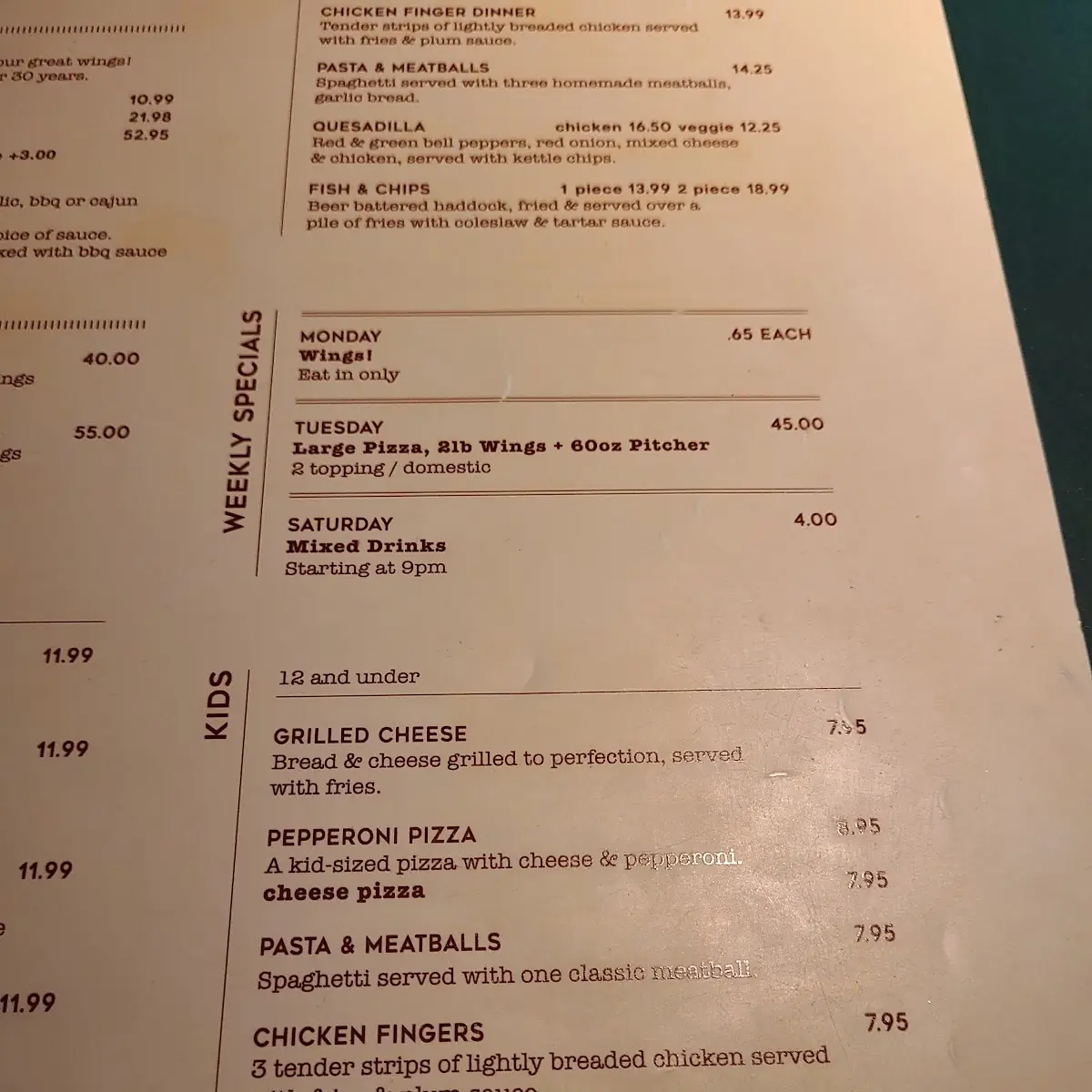 Menu, Clancy's Restaurant and Bar