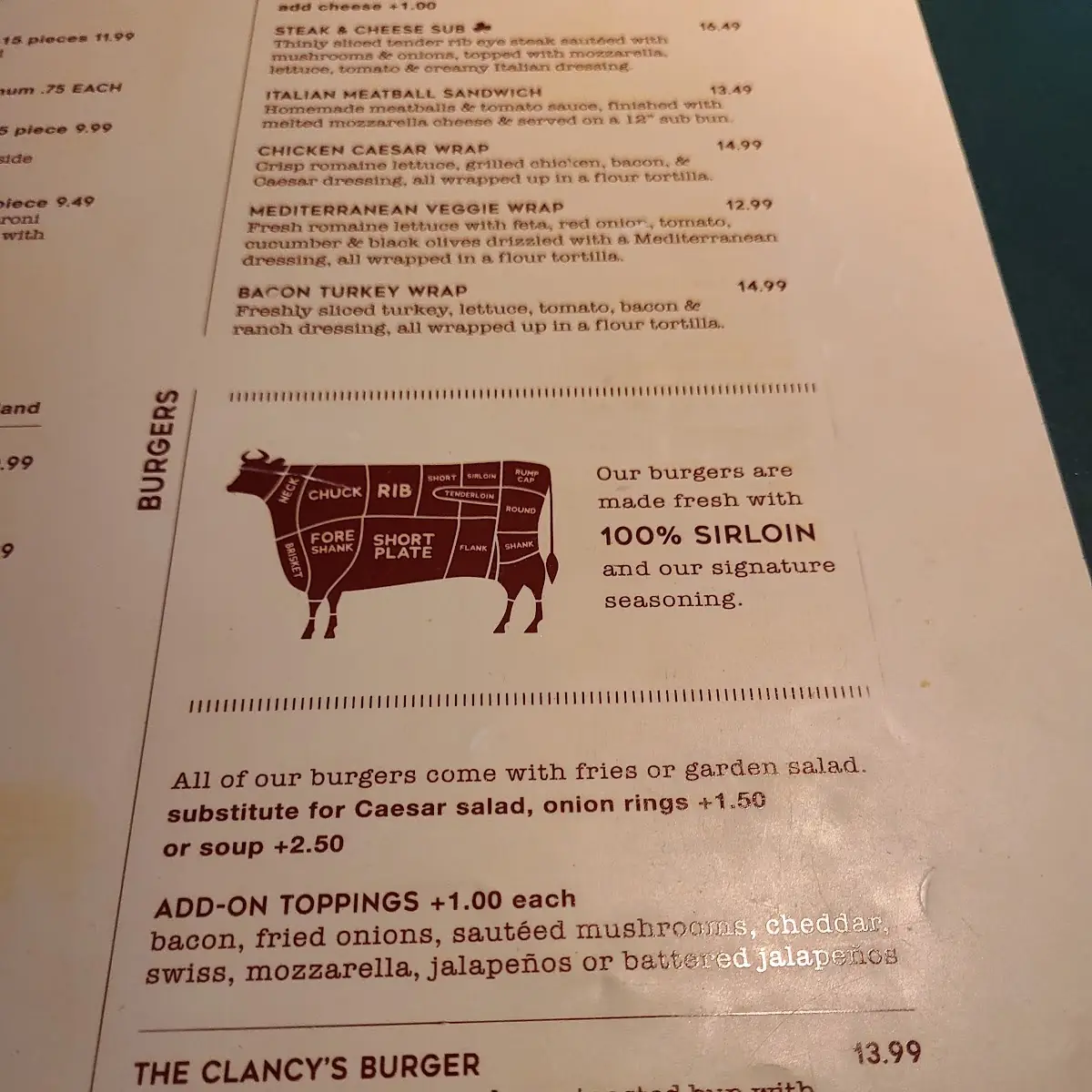 Menu, Clancy's Restaurant and Bar