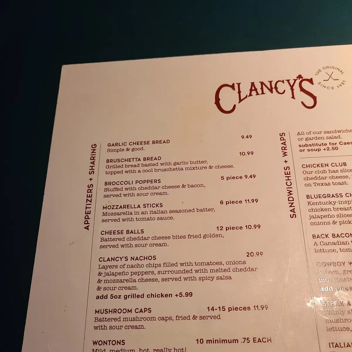 Menu, Clancy's Restaurant and Bar
