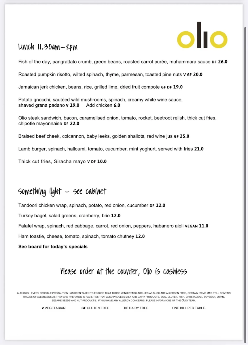 Menu, Olio Cafe & Bar