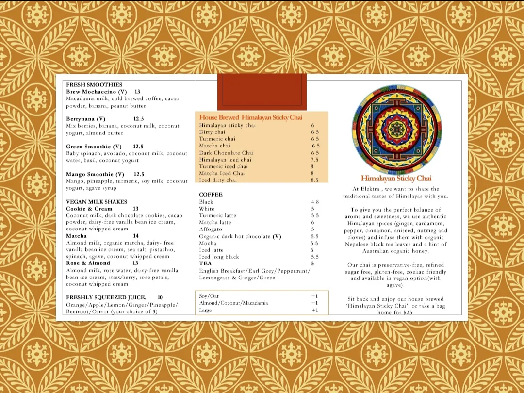 Menu, Elektra - Himalayan Alchemy House