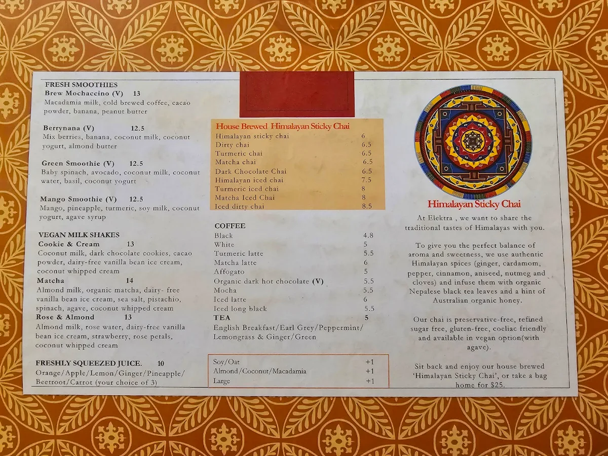 Menu, Elektra - Himalayan Alchemy House