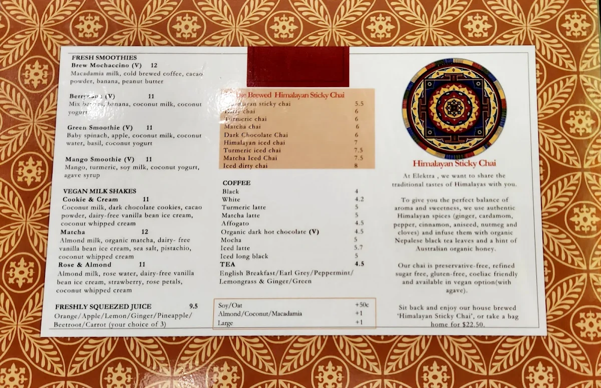 Menu, Elektra - Himalayan Alchemy House