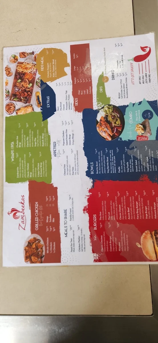 Menu, Zambeekas Restaurant
