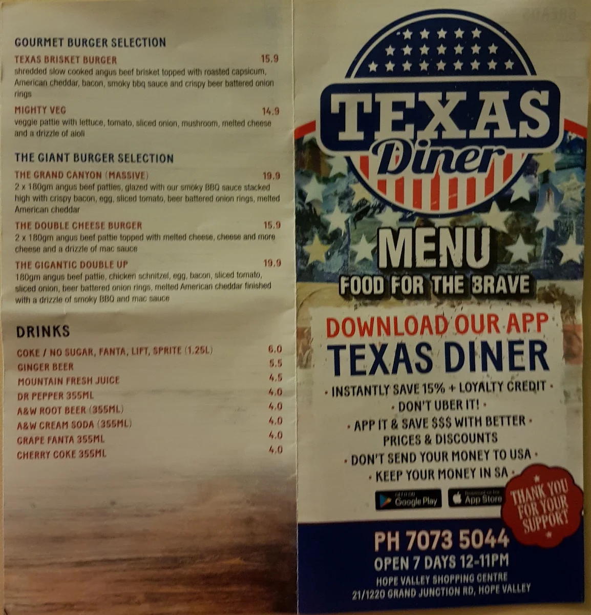 Menu, Texas Diner