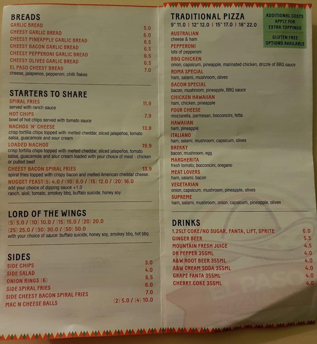 Menu, Texas Diner