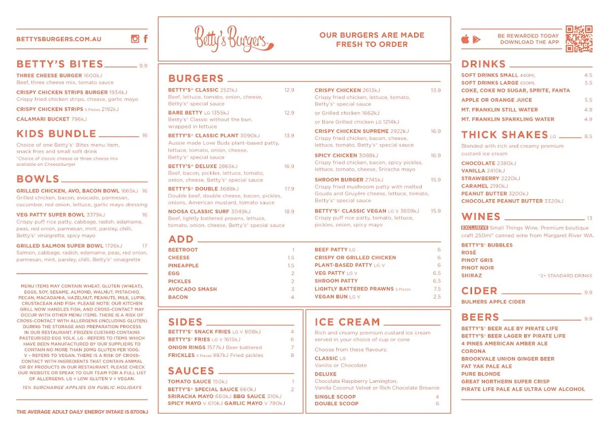 Menu, Betty's Burgers