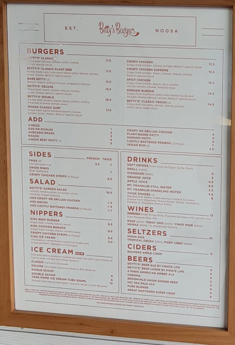 Menu, Betty's Burgers