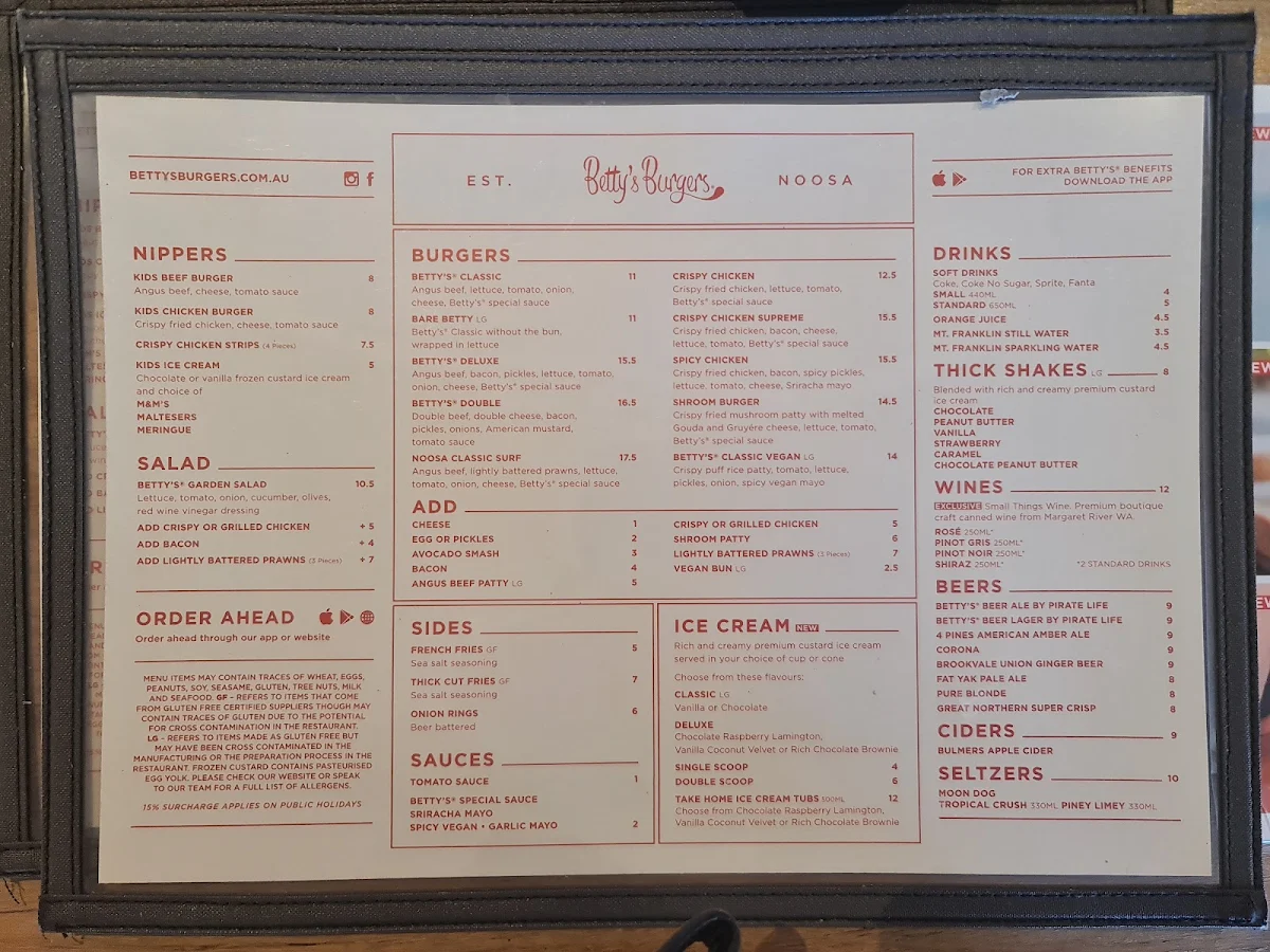 Menu, Betty's Burgers