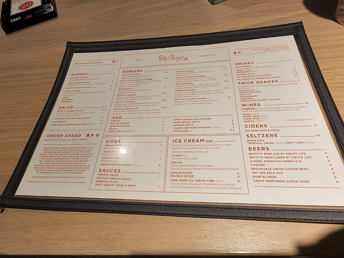 Menu, Betty's Burgers