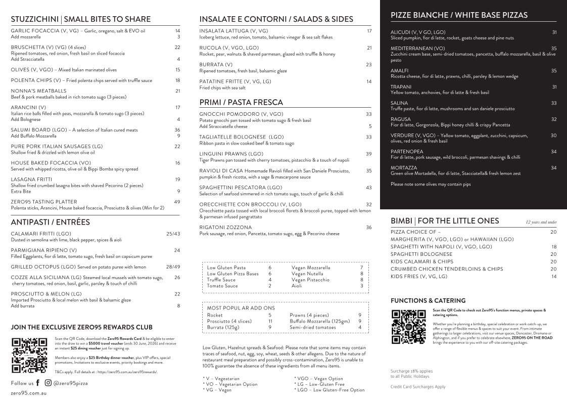 Menu, Zero95 Pizza Bar Dromana