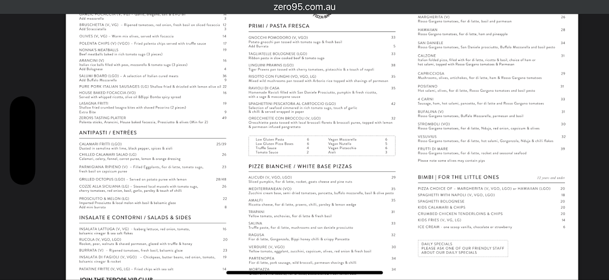 Menu, Zero95 Pizza Bar Dromana