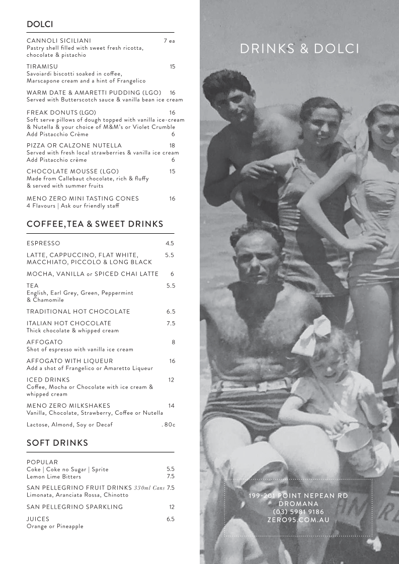 Menu, Zero95 Pizza Bar Dromana
