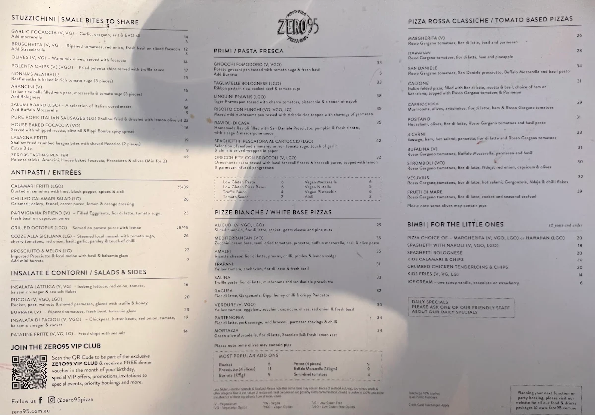 Menu, Zero95 Pizza Bar Dromana