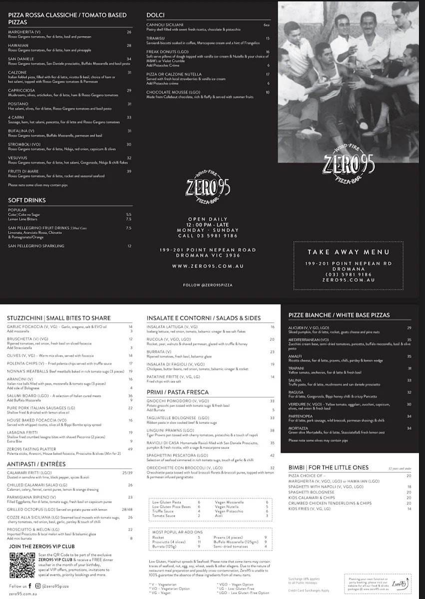 Menu, Zero95 Pizza Bar Dromana