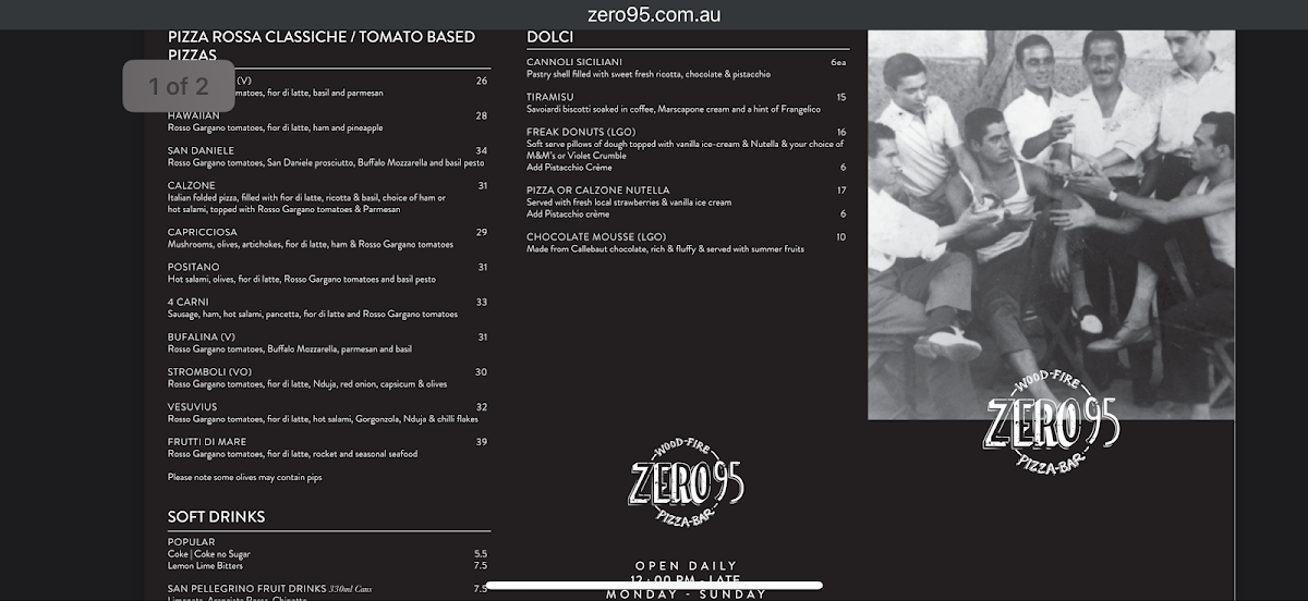 Menu, Zero95 Pizza Bar Dromana