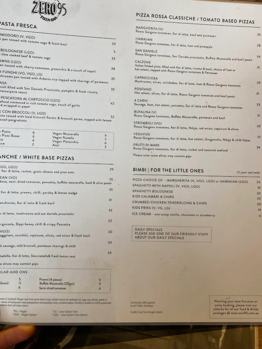Menu, Zero95 Pizza Bar Dromana