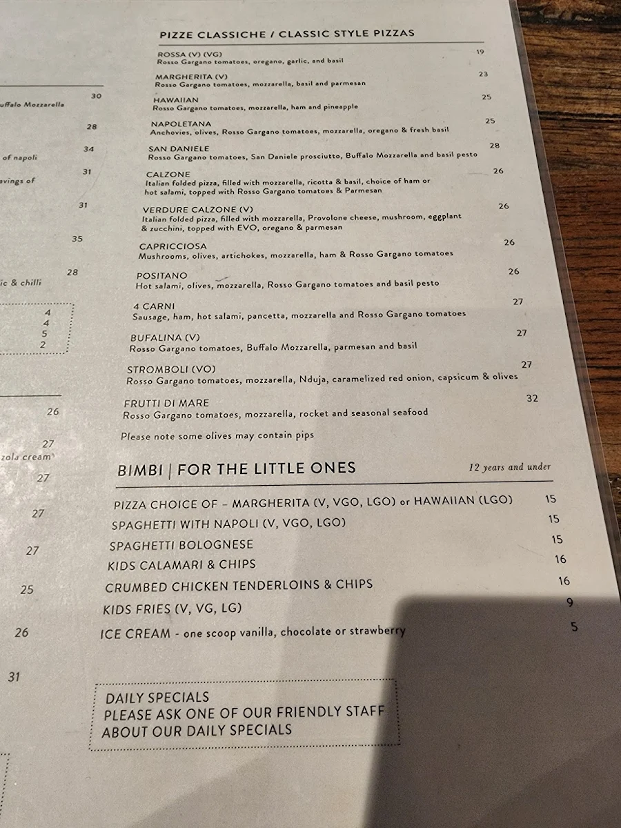 Menu, Zero95 Pizza Bar Dromana