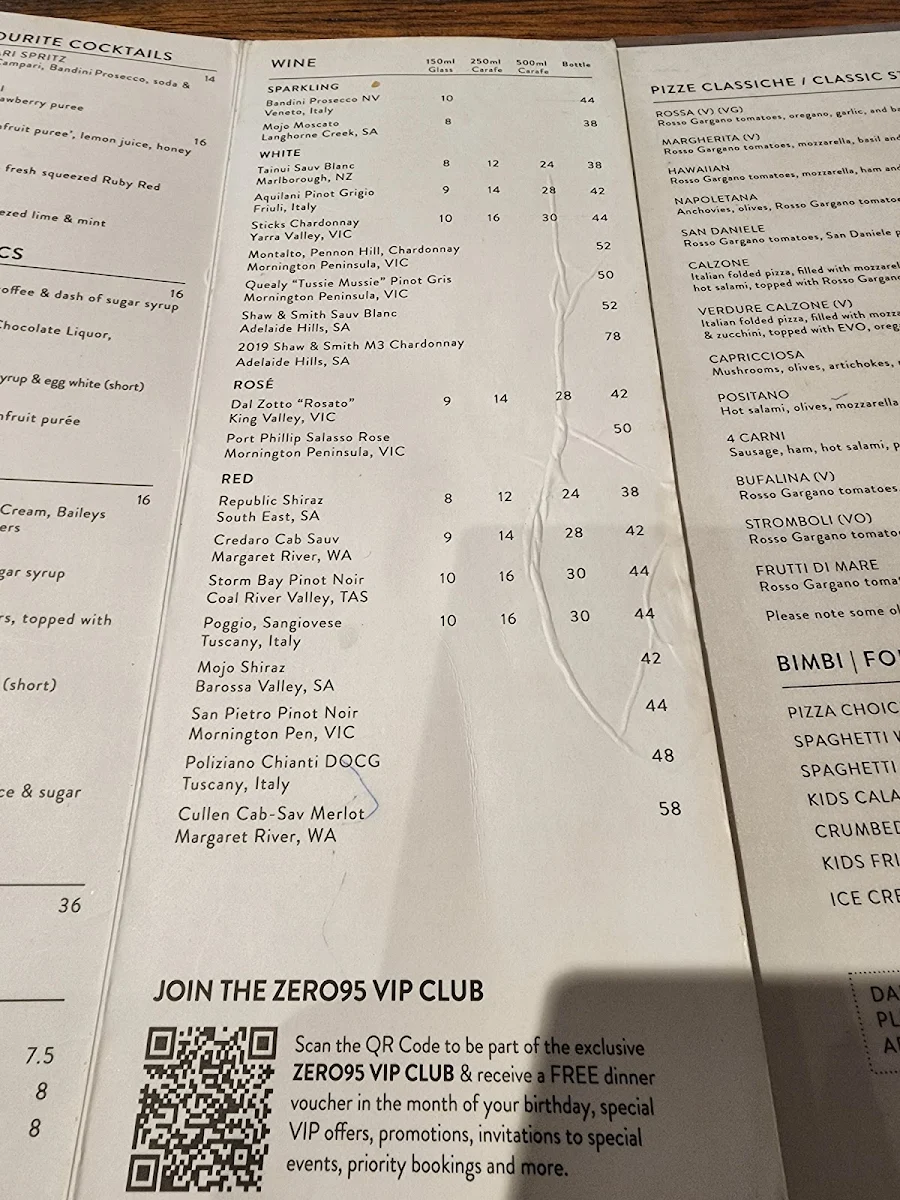 Menu, Zero95 Pizza Bar Dromana