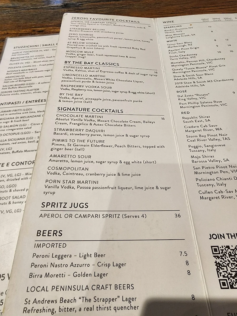 Menu, Zero95 Pizza Bar Dromana