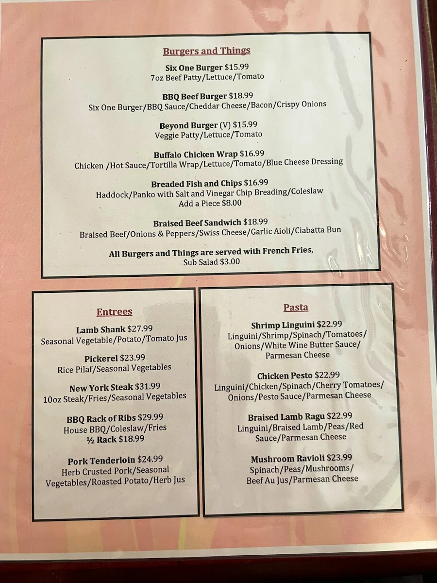 Menu, Bistro Six One