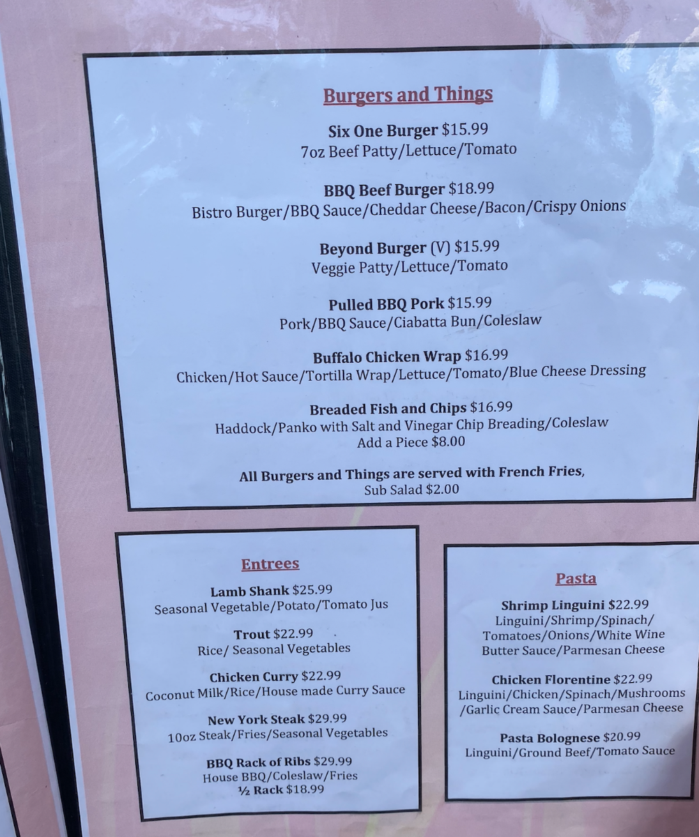 Menu, Bistro Six One