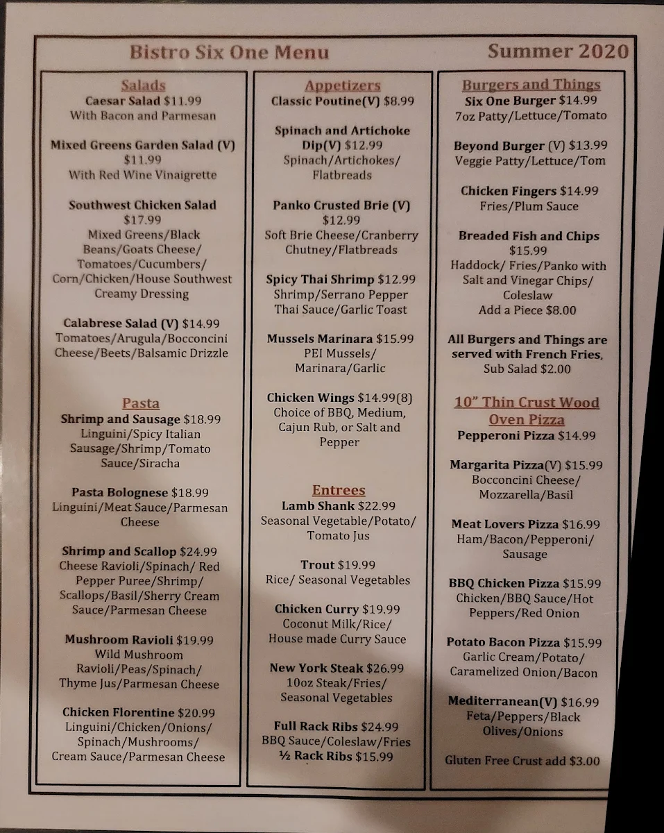 Menu, Bistro Six One