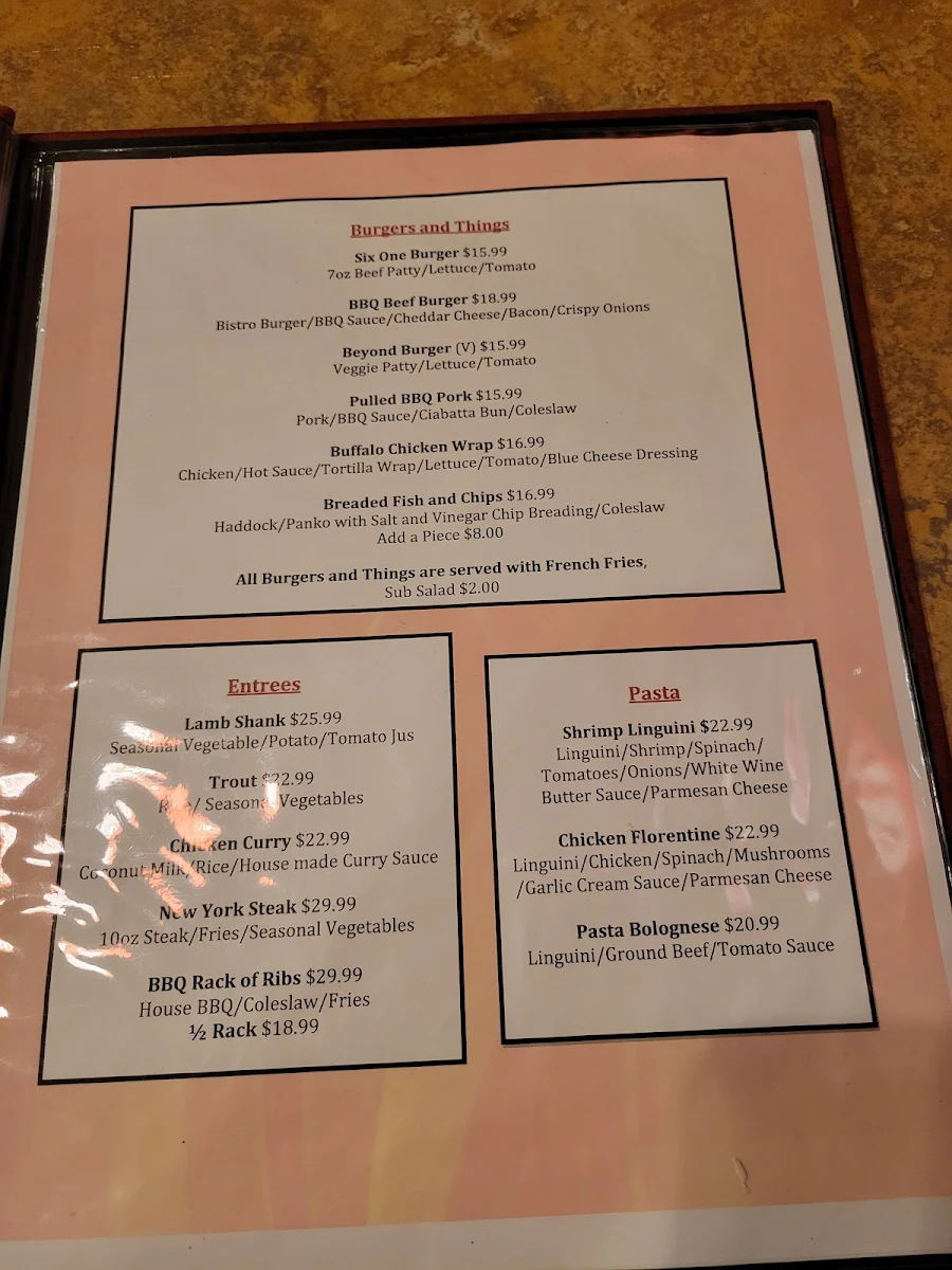 Menu, Bistro Six One