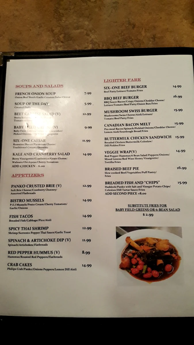 Menu, Bistro Six One