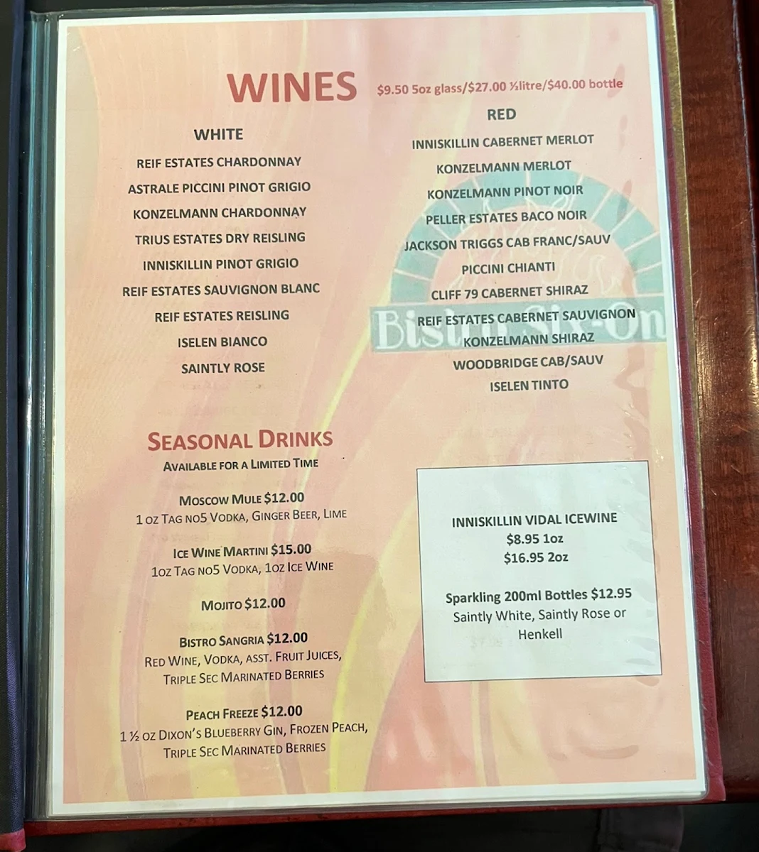 Menu, Bistro Six One