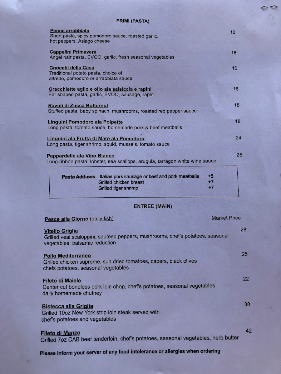 Menu, Ziraldo’s Italian Steakhouse