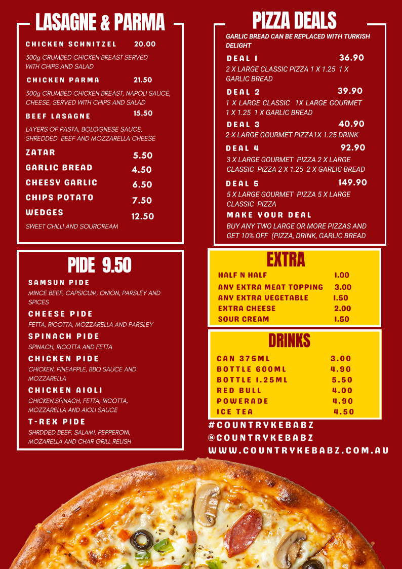 Menu, Country Kebabz