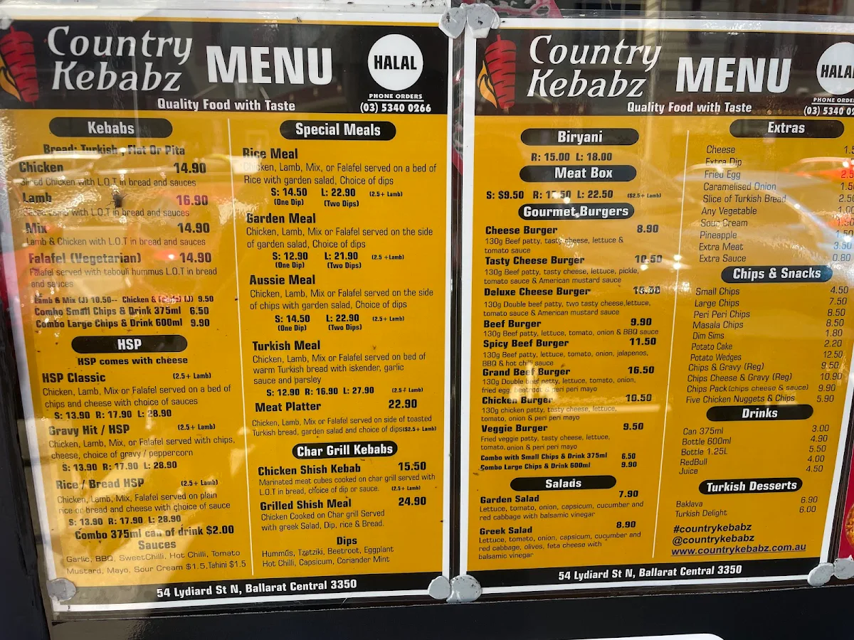 Menu, Country Kebabz