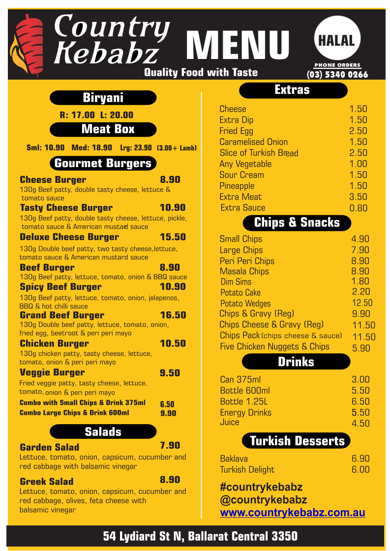 Menu, Country Kebabz