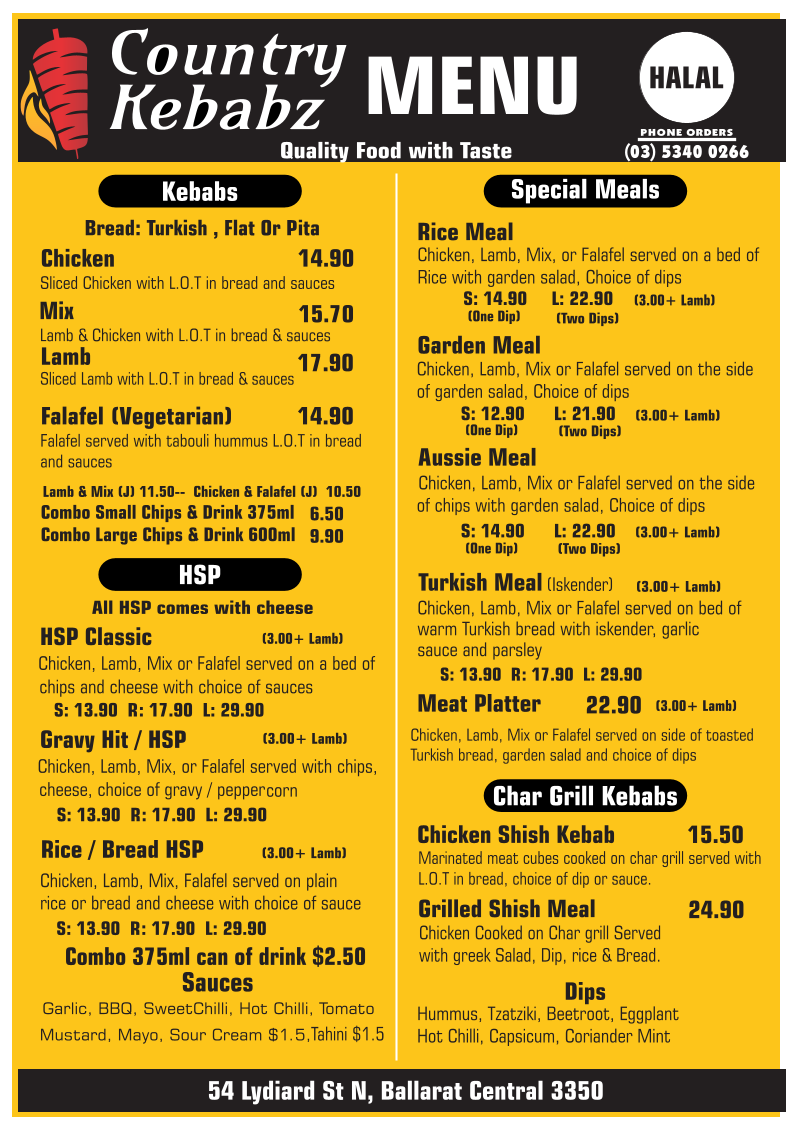Menu, Country Kebabz