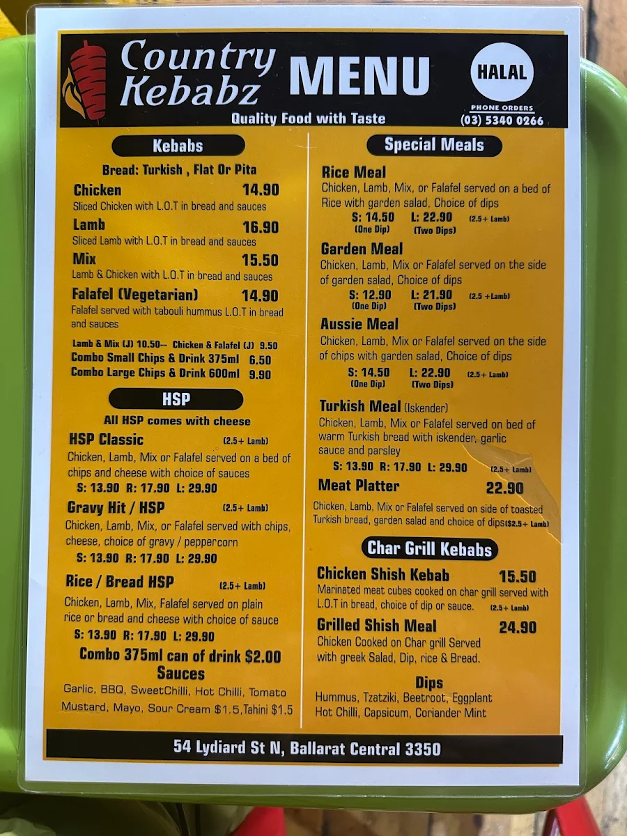 Menu, Country Kebabz
