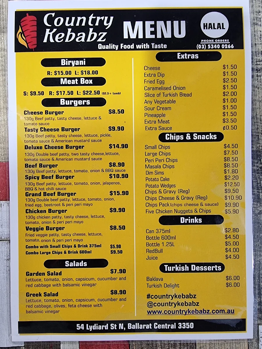 Menu, Country Kebabz