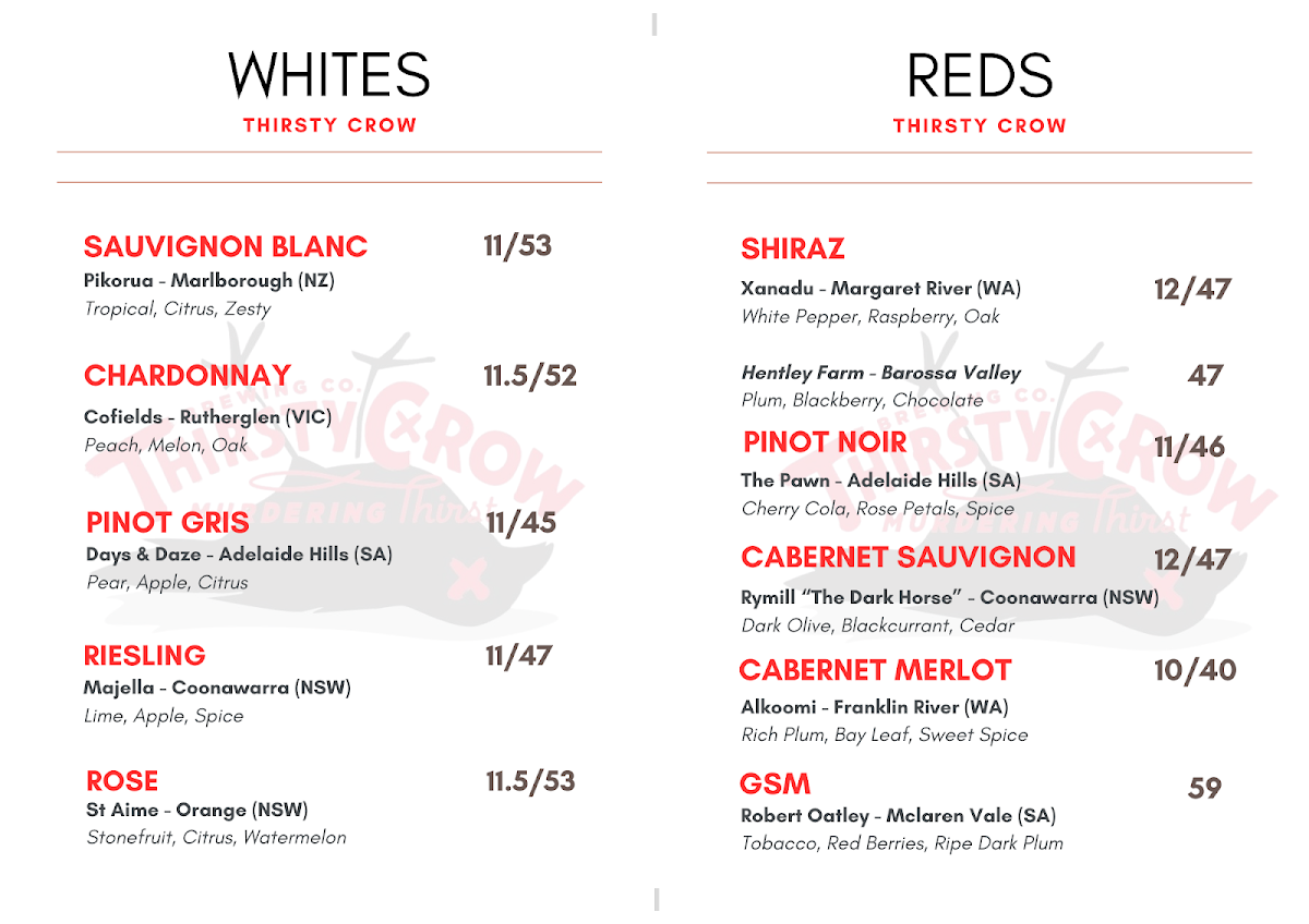 Menu, Thirsty Crow Brewery