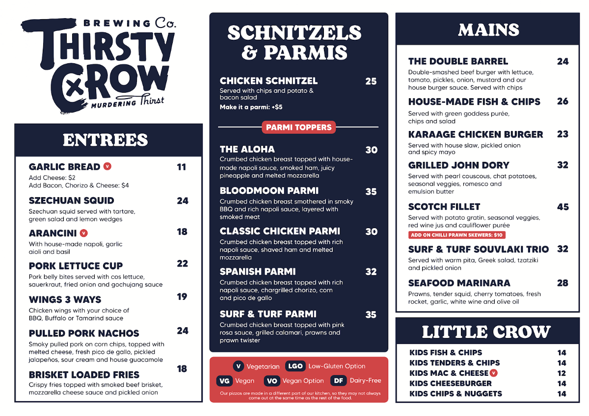 Menu, Thirsty Crow Brewery