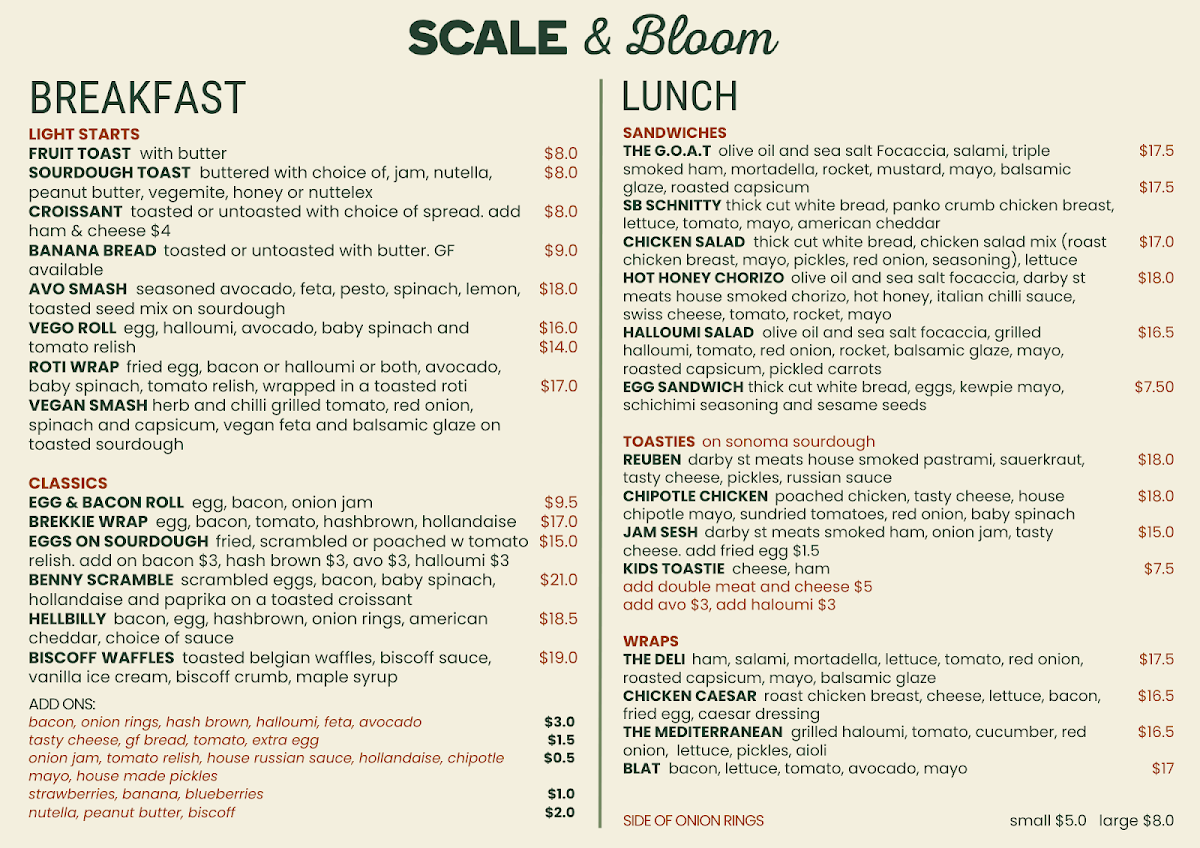Menu, Scale & Bloom Cafe - New Lambton